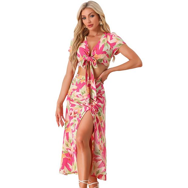 Tropical 2 Piece Outfits For Women's Wrap Crop Top And Hawaiian