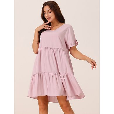 Women's Casual V Neck Babydoll Dress With Pockets Ruffle Short Sleeve Tiered Flowy Beach Dress