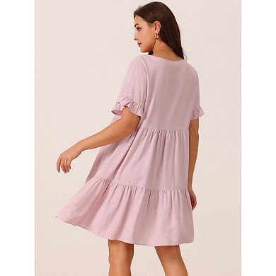 Women's Casual V Neck Babydoll Dress With Pockets Ruffle Short Sleeve Tiered Flowy Beach Dress