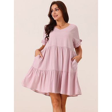 Women's Casual V Neck Babydoll Dress With Pockets Ruffle Short Sleeve Tiered Flowy Beach Dress