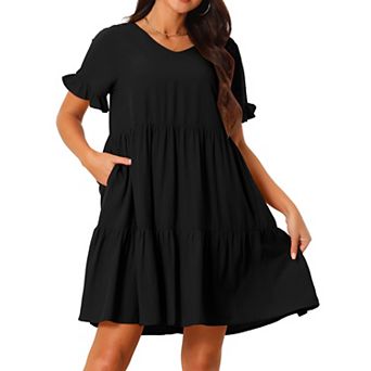 Women's Casual V Neck Babydoll Dress With Pockets Ruffle Short Sleeve Tiered Flowy Beach Dress