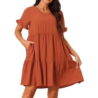 Women's Casual V Neck Babydoll Dress With Pockets Ruffle Short Sleeve Tiered Flowy Beach Dress