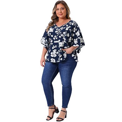 Women's Plus Size Floral Tops Summer Casual V Neck Flowy Sleeve Loose Chiffon Babydoll Blouses