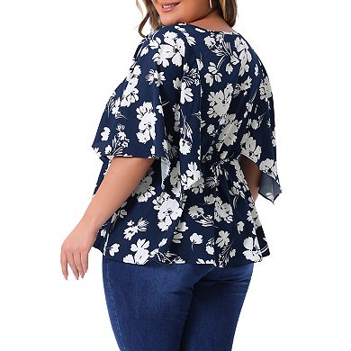 Women's Plus Size Floral Tops Summer Casual V Neck Flowy Sleeve Loose Chiffon Babydoll Blouses