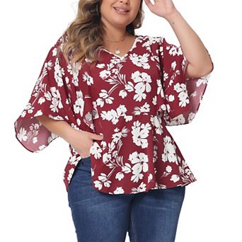 Women's Plus Size Floral Tops Summer Casual V Neck Flowy Sleeve Loose Chiffon Babydoll Blouses