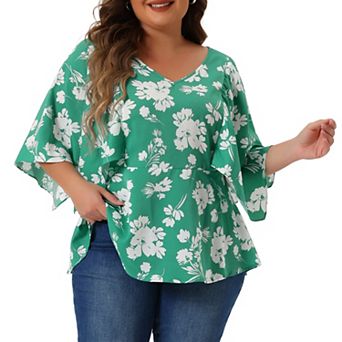 Women's Plus Size Floral Tops Summer Casual V Neck Flowy Sleeve Loose Chiffon Babydoll Blouses
