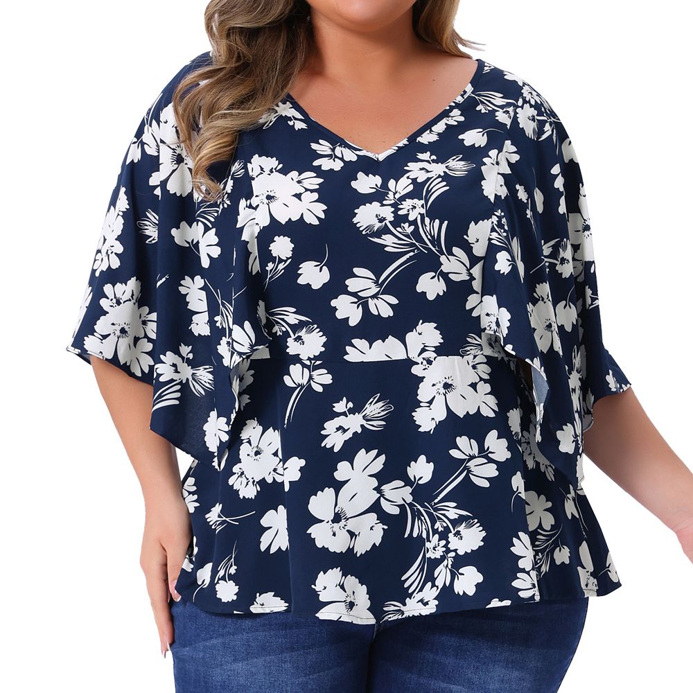 Women's Plus Size Floral Tops Summer Casual V Neck Flowy Sleeve Loose ...