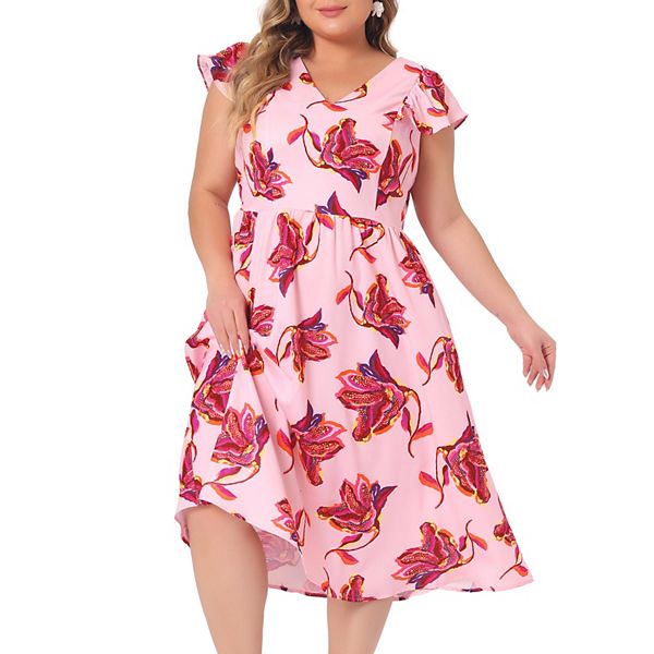 Plus Size Floral Dress For Women Sleeveless Ruffle Sleeves Tie Back V ...