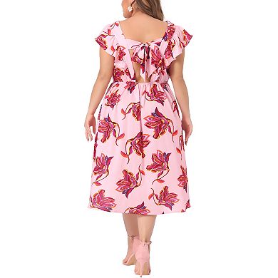 Plus Size Floral Dress For Women Sleeveless Ruffle Sleeves Tie Back V Neck Midi Dresses