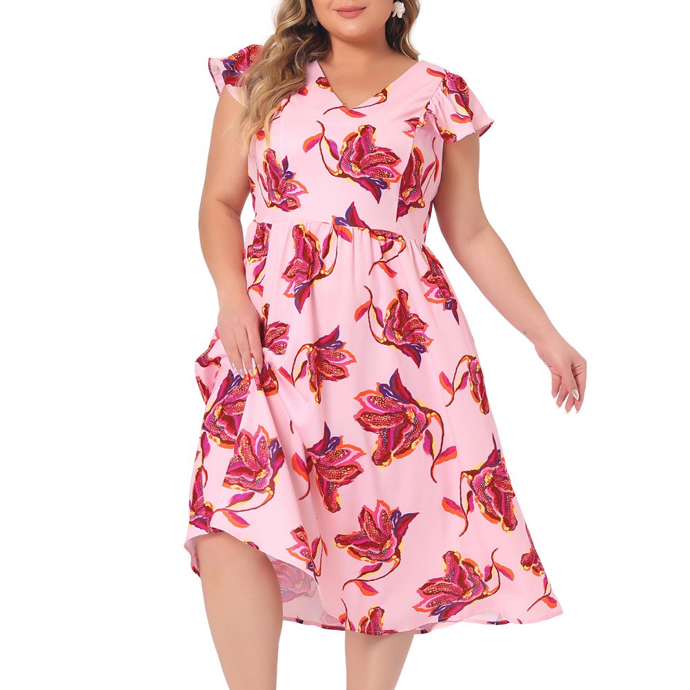 Plus Size Floral Print V Neck Fit Midi Dress