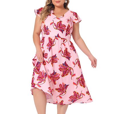 Plus Size Floral Dress For Women Sleeveless Ruffle Sleeves Tie Back V Neck  Midi Dresses