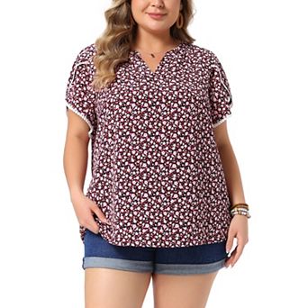 Plus Size Tops for Women Floral V Neck Tulip Sleeve T-Shirt Tee Summer Tops