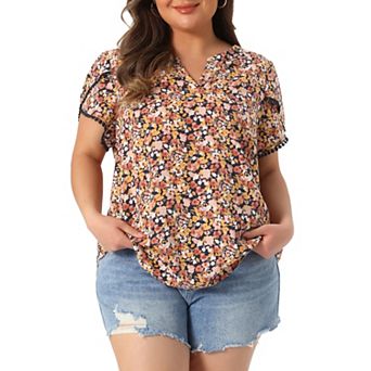 Plus Size Tops for Women Floral V Neck Tulip Sleeve T-Shirt Tee Summer Tops
