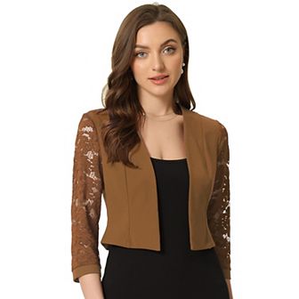 Cardigan Dress For Women's Lace Panel Open Front Long Sleeve Work Office Crop Bolero Shrug