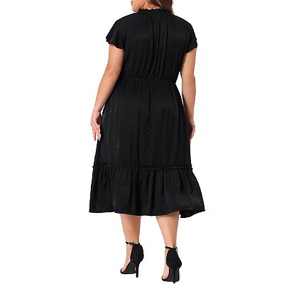 Plus Size Dress For Women Self Tie Flutter Short Cap Sleeve Ruffle Midi Dresses