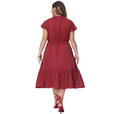 Plus Size Dress For Women Self Tie Flutter Short Cap Sleeve Ruffle Midi Dresses