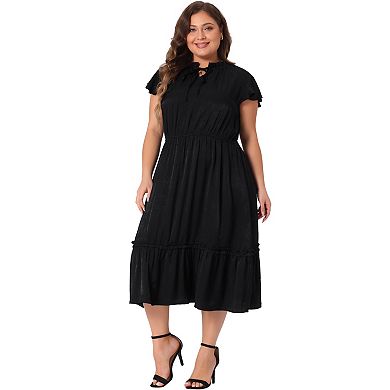 Plus Size Dress for Women Self Tie Flutter Short Cap Sleeve Ruffle Midi Dresses