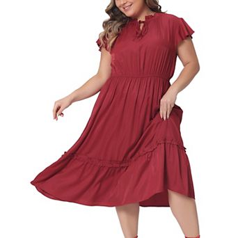 Plus Size Dress for Women Self Tie Flutter Short Cap Sleeve Ruffle Midi Dresses