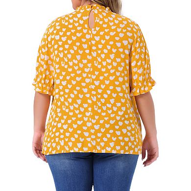 Plus Size Tops for Women Polka Dots Printed Ruffle Hem Short Sleeve Mock Neck Blouses Top