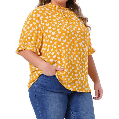 Plus Size Tops for Women Polka Dots Printed Ruffle Hem Short Sleeve Mock Neck Blouses Top
