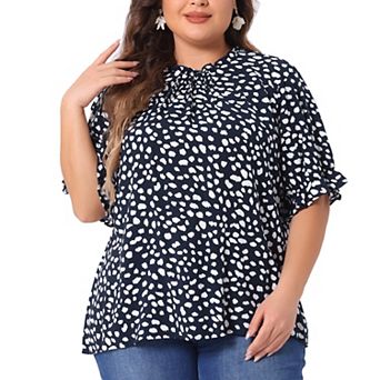 Plus Size Tops for Women Polka Dots Printed Ruffle Hem Short Sleeve Mock Neck Blouses Top