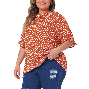 Plus Size Tops for Women Polka Dots Printed Ruffle Hem Short Sleeve Mock Neck Blouses Top