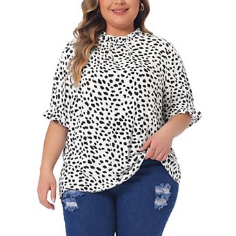 Plus Size Tops for Women Polka Dots Printed Ruffle Hem Short Sleeve Mock Neck Blouses Top