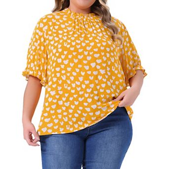 Plus Size Tops for Women Polka Dots Printed Ruffle Hem Short Sleeve Mock Neck Blouses Top
