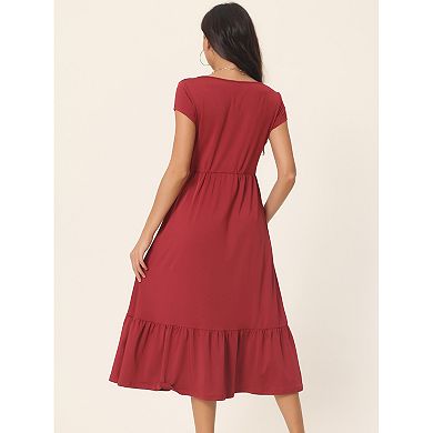 Women's Casual Tiered Dress With Pockets Round Neck Ruffle Hem Short Cap Sleeve Knit Midi Dress