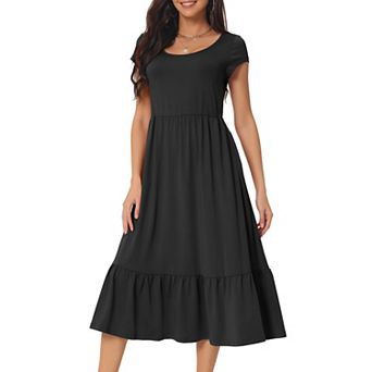 Women's Casual Tiered Dress With Pockets Round Neck Ruffle Hem Short Cap Sleeve Knit Midi Dress
