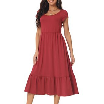 Women's Casual Tiered Dress With Pockets Round Neck Ruffle Hem Short Cap Sleeve Knit Midi Dress