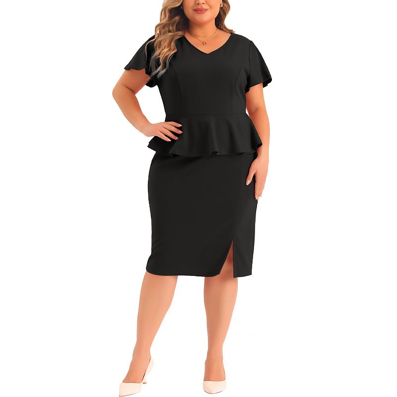 Plus Size Dresses for Women Church Short Ruffles Sleeve Work Pencil Vintage Peplum Dress, Black / 4XL