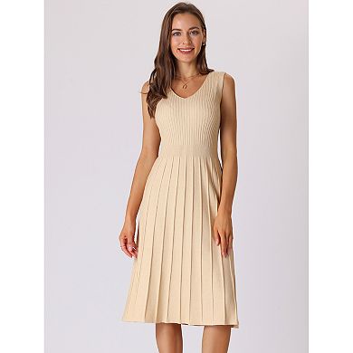 Women's Midi Dress V Neck Sleeveless Knitted Pleated Dress