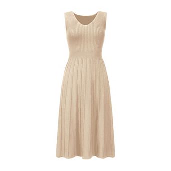Women's Midi Dress V Neck Sleeveless Knitted Pleated Dress
