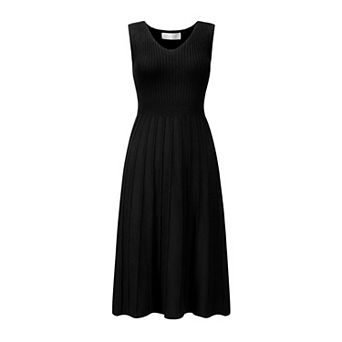 Women's Midi Dress V Neck Sleeveless Knitted Pleated Dress