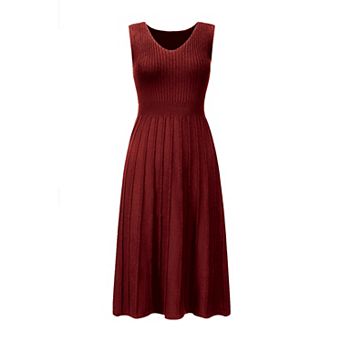 Women's Midi Dress V Neck Sleeveless Knitted Pleated Dress