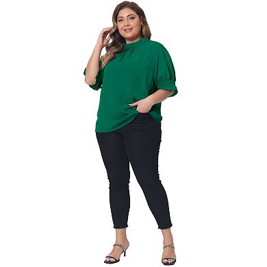 Plus Size Blouse For Women Work Office Pleated Solid Short Sleeve Mock Neck Puffy Sleeve Tops
