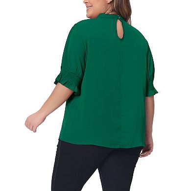 Plus Size Blouse For Women Work Office Pleated Solid Short Sleeve Mock Neck Puffy Sleeve Tops