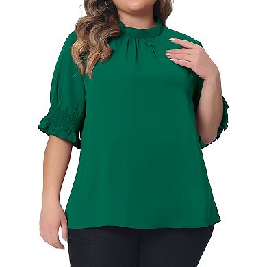 Plus Size Blouse For Women Work Office Pleated Solid Short Sleeve Mock Neck Puffy Sleeve Tops