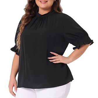 Plus Size Blouse For Women Work Office Pleated Solid Short Sleeve Mock Neck Puffy Sleeve Tops