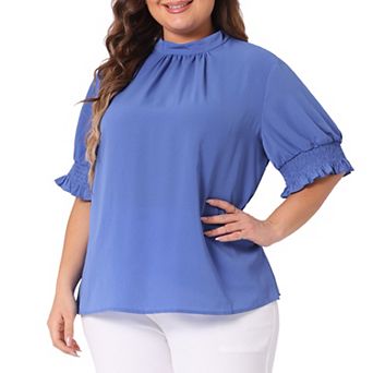 Plus Size Blouse For Women Work Office Pleated Solid Short Sleeve Mock Neck Puffy Sleeve Tops