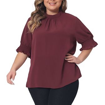 Plus Size Blouse For Women Work Office Pleated Solid Short Sleeve Mock Neck Puffy Sleeve Tops