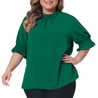 Plus Size Blouse For Women Work Office Pleated Solid Short Sleeve Mock Neck Puffy Sleeve Tops