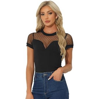 Short Sleeve Bodysuit For Women Mesh Panel V Neck Casual Knit Top
