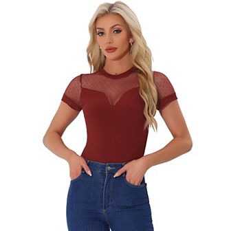 Short Sleeve Bodysuit For Women Mesh Panel V Neck Casual Knit Top
