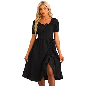 Vintage Corset Dress For Women Ruffle Square Neck Smocked Back Ruched High Low Ruffle Midi Dress