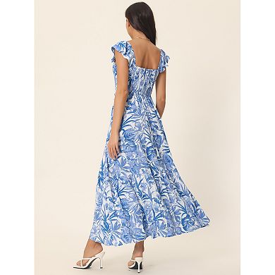 Women's Summer Boho Smocked Beach Dresses Square Neck Sleeveless Ruffle Floral Flowy Tiered Maxi