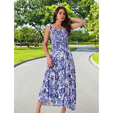 Women's Summer Boho Smocked Beach Dresses Square Neck Sleeveless Ruffle Floral Flowy Tiered Maxi