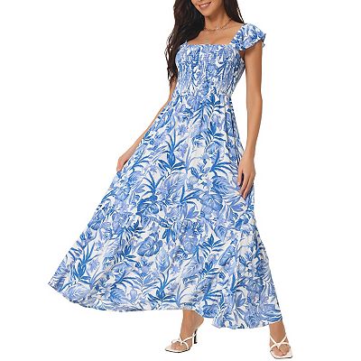 Women s Summer Boho Smocked Beach Dresses Square Neck Sleeveless Ruffle Floral Flowy Tiered Maxi