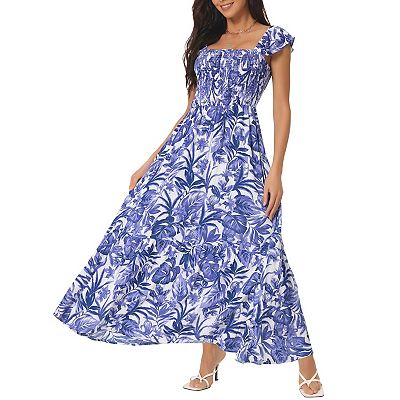 Women's Summer Boho Smocked Beach Dresses Square Neck Sleeveless Ruffle  Floral Flowy Tiered Maxi
